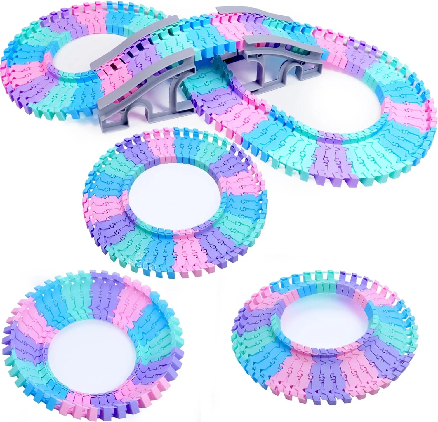 96 PCS Flexible Tracks Race Tracks Supplementary Set -4 Colors Magic Road Race Tracks Toys, 360° Rotating Flexible Train Track