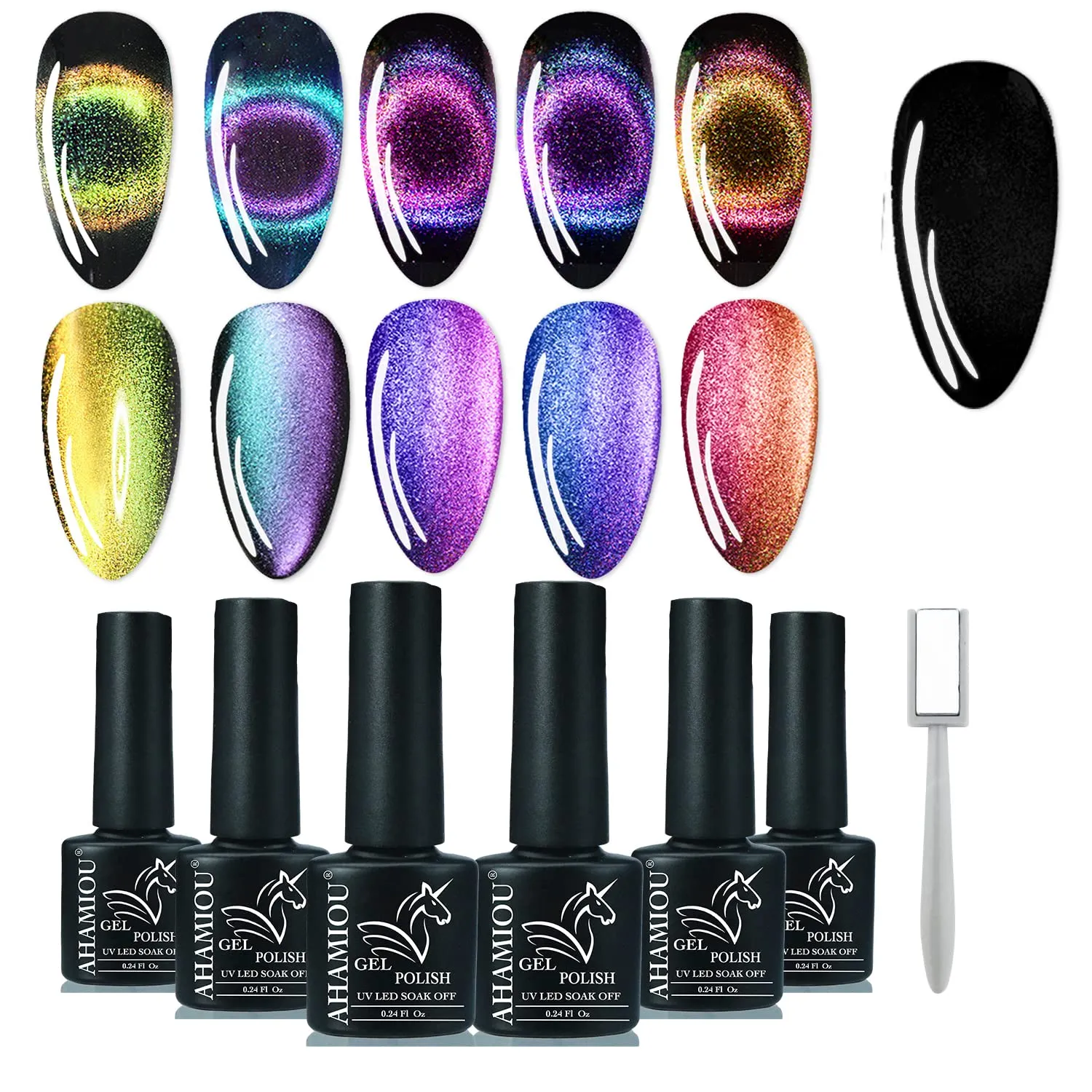 9D Cat Eye Magnetic Gel Nail Polish - Holographic Chameleon Magic Effect With Magnet Stick (Set 1)