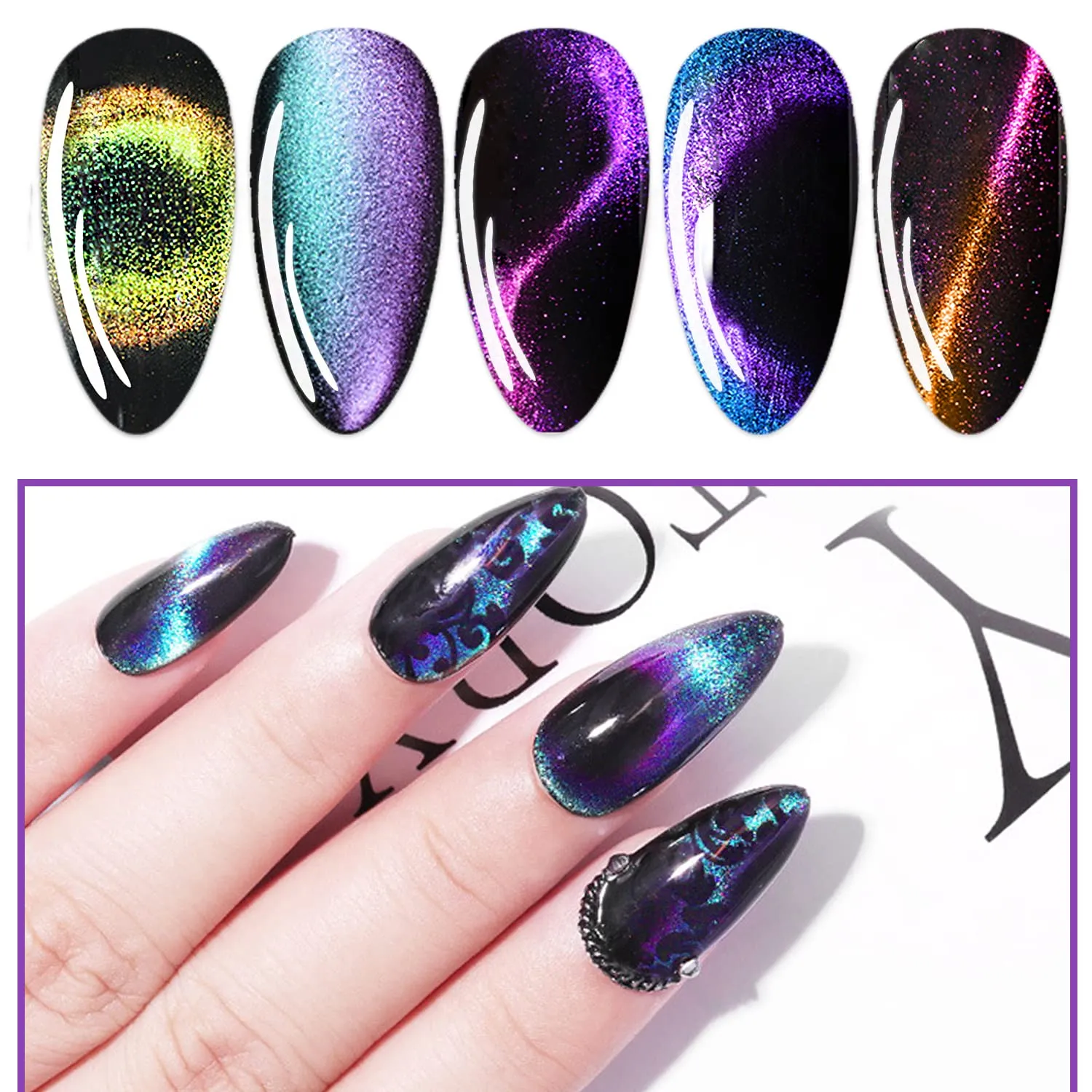 9D Cat Eye Magnetic Gel Nail Polish - Holographic Chameleon Magic Effect With Magnet Stick (Set 1)