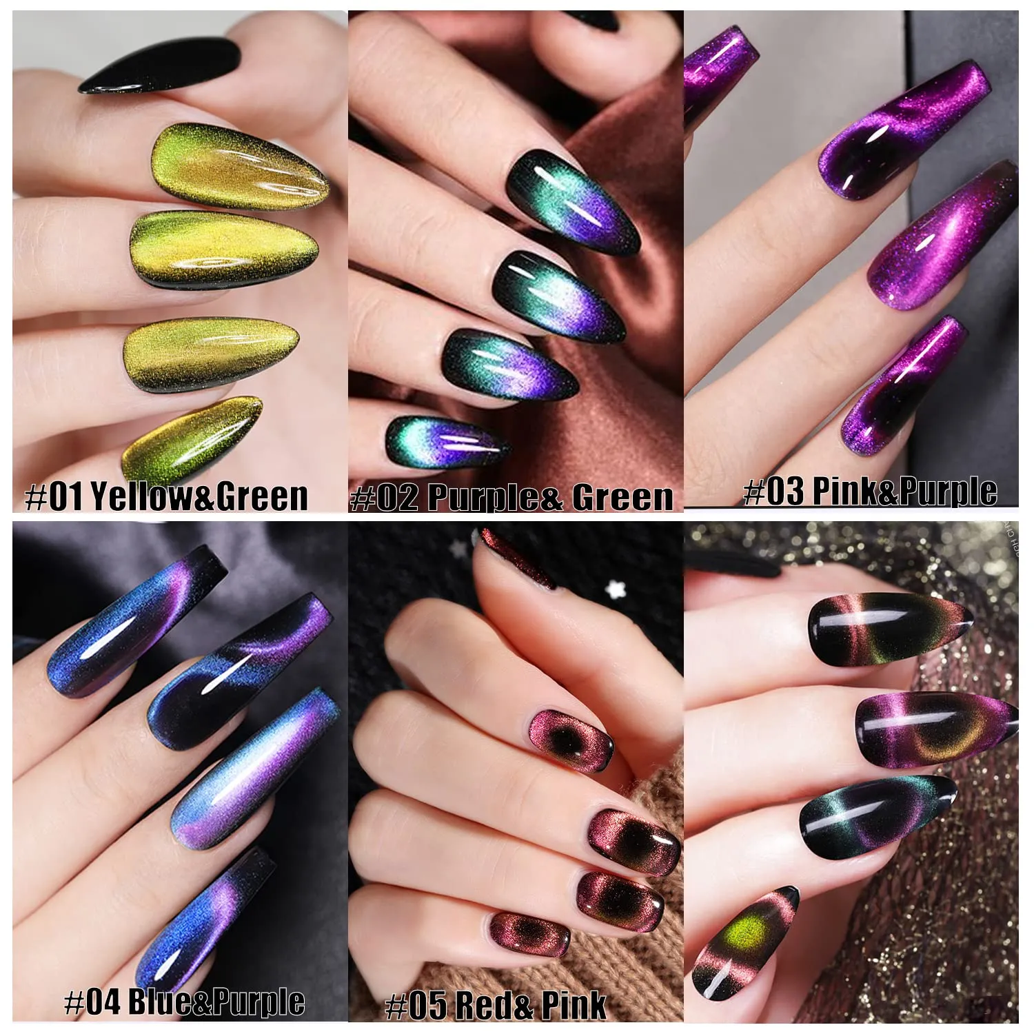 9D Cat Eye Magnetic Gel Nail Polish - Holographic Chameleon Magic Effect With Magnet Stick (Set 1)