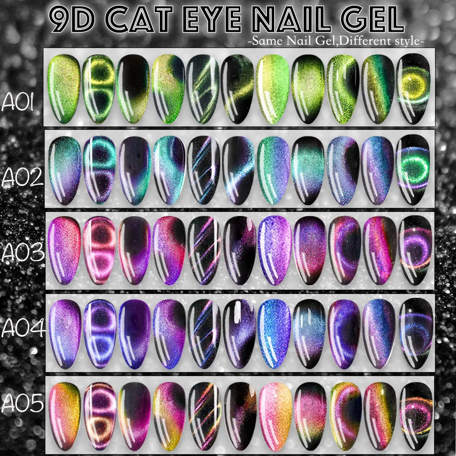 9D Cat Eye Magnetic Gel Nail Polish - Holographic Chameleon Magic Effect With Magnet Stick (Set 1)