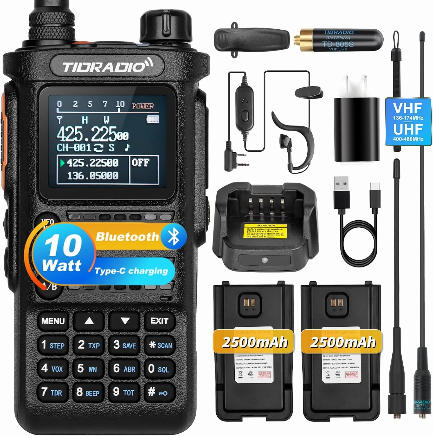 (2 Gen) TD-H8 12 Watt Ham Handheld Radio(2PCS Batteries), Bluetooth Programming,Repeater Capable, Dual Band Long Range Two Way Radios with TD-805s, 6.1in, 15.12in 771 Long Antenna-Black,1Pack Full Kit
