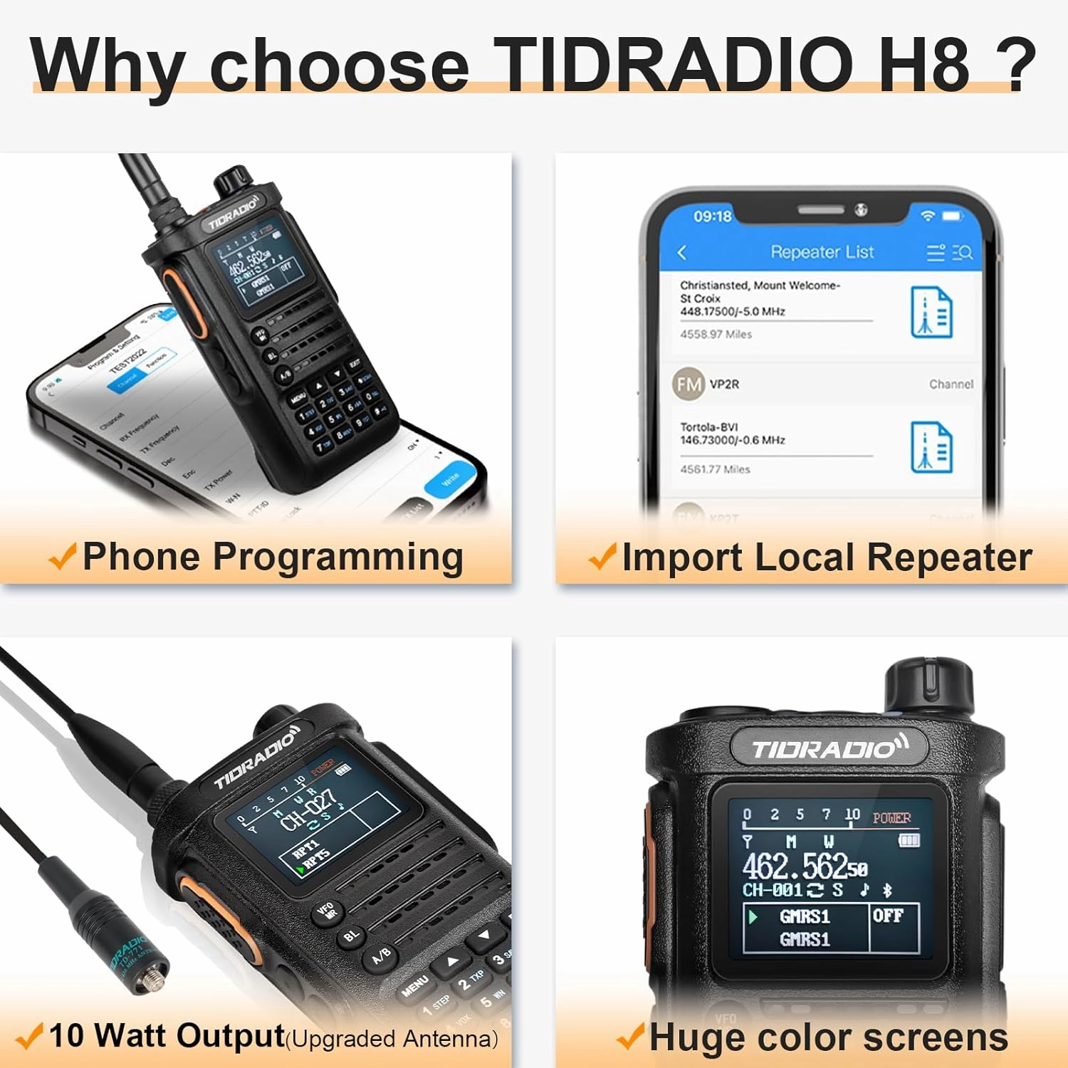 (2 Gen) TD-H8 12 Watt Ham Handheld Radio(2PCS Batteries), Bluetooth Programming,Repeater Capable, Dual Band Long Range Two Way Radios with TD-805s, 6.1in, 15.12in 771 Long Antenna-Black,1Pack Full Kit