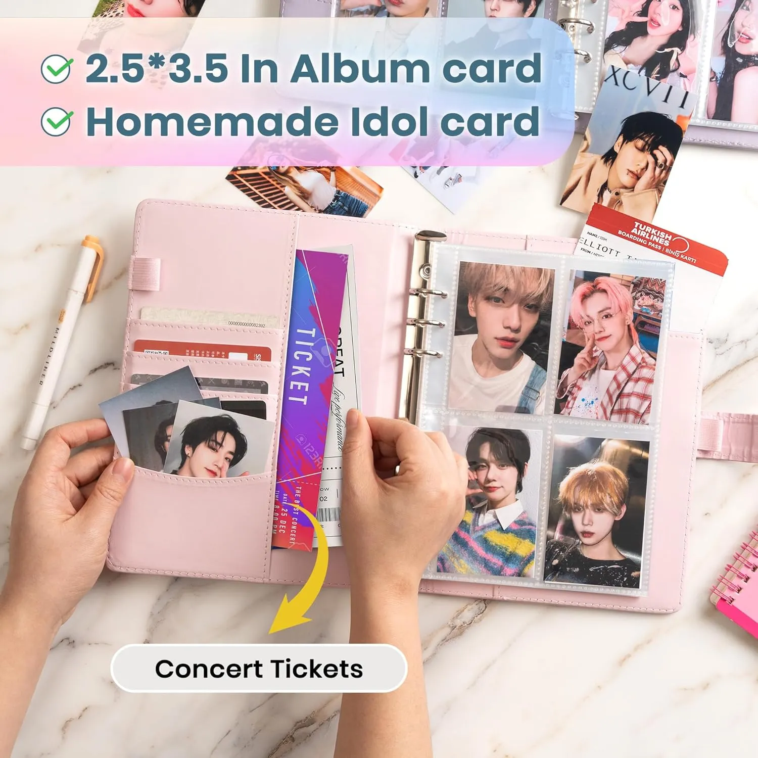 A5 Kpop Photocard Binder - 240 Card Capacity, 6 Ring with 30 Double Sided Sleeves, Cute PU Leather Cover