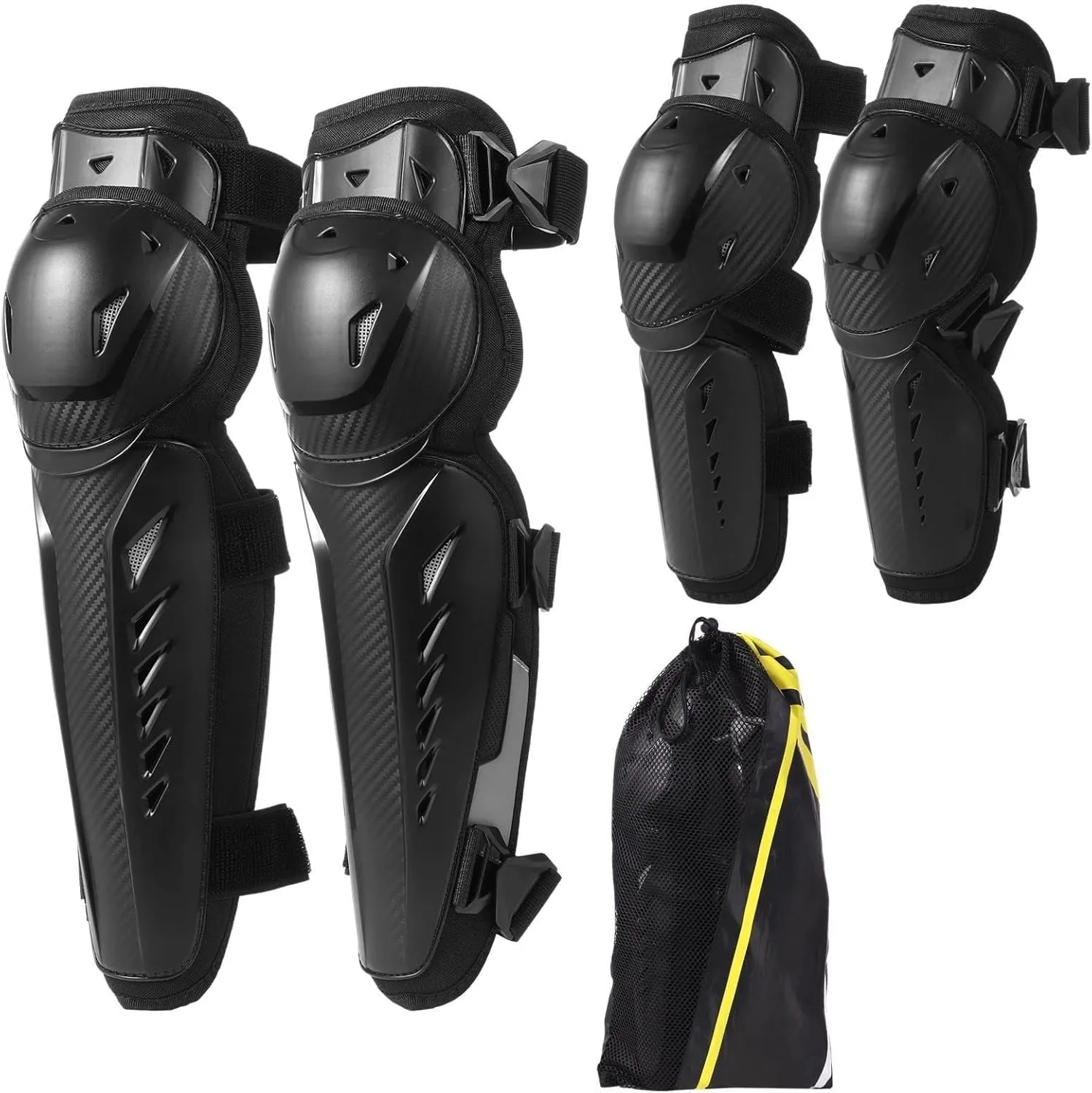Adjustable Knee and Elbow Pads, 4-Piece Set with Hard Shell and Buffer Lining for Motorcycling, Biking, Skateboarding, and Skiing