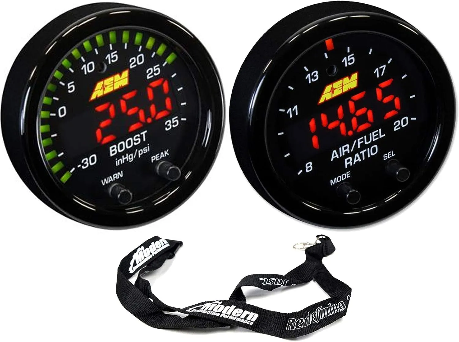 AEM 52mm X-Series Gauge Kit Wideband Air/Fuel UEGO & Boost Pressure 35PSI 2.5Bar w/MAP Lanyard Black