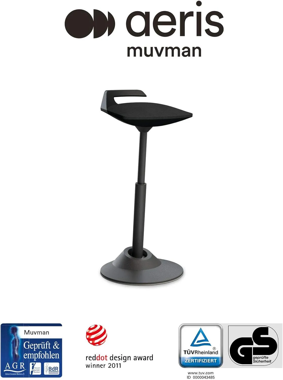 aeris Muvman Standard ergonomic standing aid - Active standing seat for dynamic sitting and standing - Height-adjustable standing chair with 51-84 cm seat height