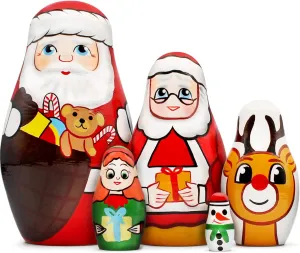 AEVVV Christmas Nesting Dolls Set of 5 pcs - Mr and Mrs Claus Figurines - Christmas Deer Figurine - Christmas Decorations Christmas Elf