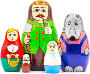 AEVVV Fairy Tale Little Red Riding Hood Wooden Nesting Dolls Set 5 pcs - Handmade Russian Wooden Matryoshka