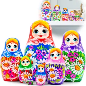 AEVVV Matryoshka Dolls Set of 7 pcs - Russian Dolls in Rainbow Sarafan Dress with Meadow Flowers - Traditional Nesting Dolls with Flower Decorations