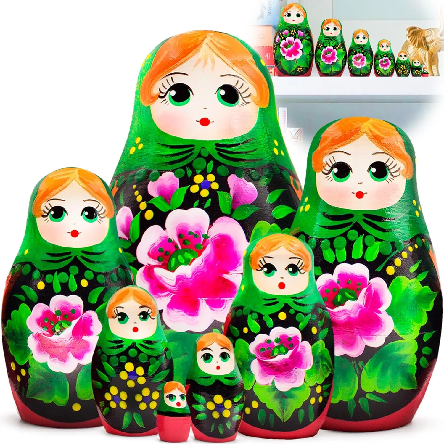 AEVVV Matryoshka Nesting Dolls Set of 7 pcs - Russian Doll in Green Head Scarf and Sarafan with Pink Rose Decorations - Hand Painted Russian Nesting Dolls - Cute Apartment Decor