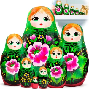 AEVVV Matryoshka Nesting Dolls Set of 7 pcs - Russian Doll in Green Head Scarf and Sarafan with Pink Rose Decorations - Hand Painted Russian Nesting Dolls - Cute Apartment Decor