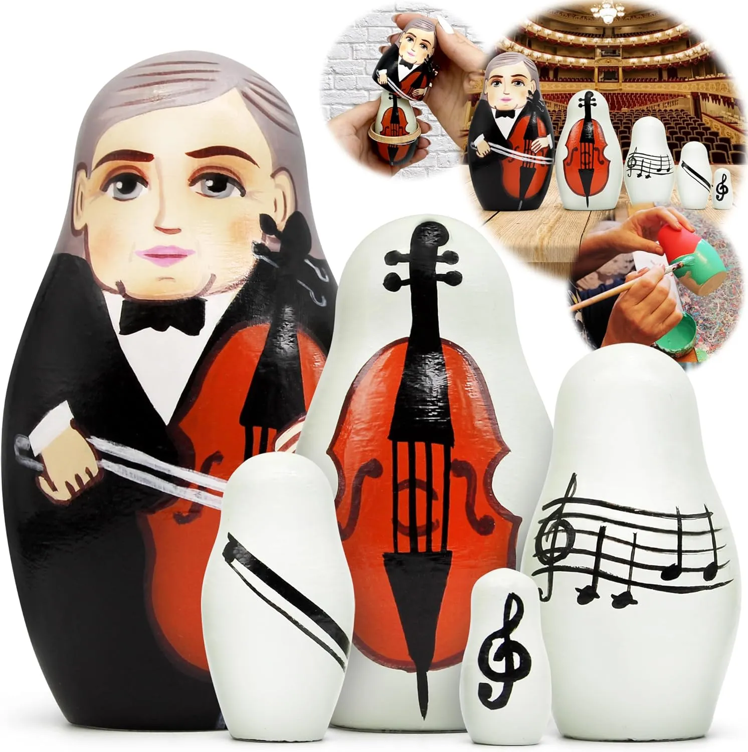AEVVV Russian Nesting Dolls Music Themed Gifts, Set 5 pcs - Collectible Matryoshka Russian Dolls with Hand Painted Orchestra Musician Cellist, Musical Notes Decorations