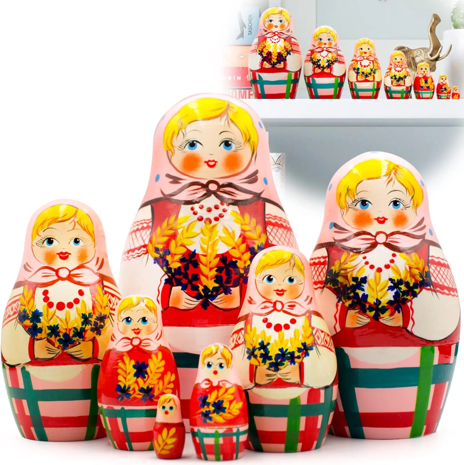AEVVV Russian Nesting Dolls Set of 7 pcs - Matryoshka Doll in Belarussian Traditional Dress with Ornament - Russian Dolls with Cornflowers and Spikelets