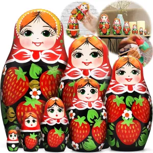 AEVVV Russian Nesting Dolls Set of 7 pcs - Russian Doll with Red Head Scarf and Strawberry Dress - Handmade and Hand Painted Matryoshka Nesting Dolls