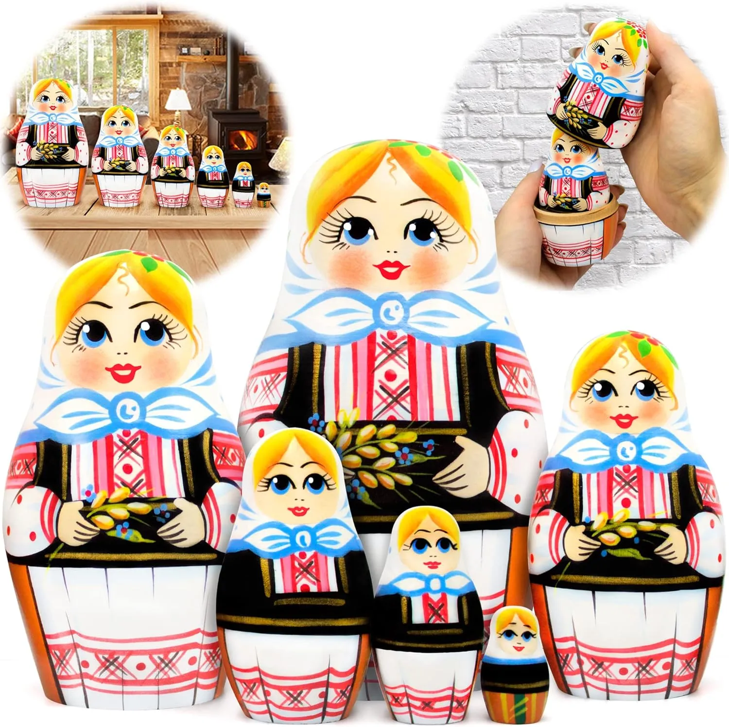 AEVVV Ukrainian Nesting Dolls Set 6 pcs - Baboushka Matryoshka Doll in Ukrainian Vyshyvanka with Spikelets - Russian Dolls Nesting Dolls - Ukrainian Gifts