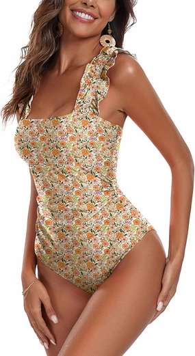 AI'MAGE Women's One Piece Swimsuits Square Neck Tummy Control Bathing Suit with Adjustable Ruffled Straps Swimwear S-XXL