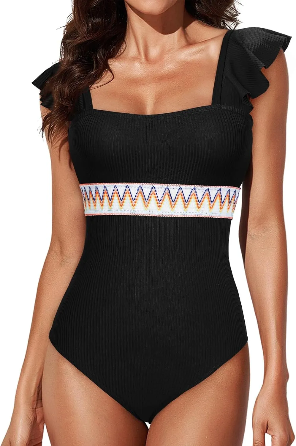 Aleumdr Women's One Piece Swimsuit Ruffle Tummy Control Bathing Suits Color Block Ribbed Swimwear