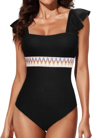 Aleumdr Women's One Piece Swimsuit Ruffle Tummy Control Bathing Suits Color Block Ribbed Swimwear