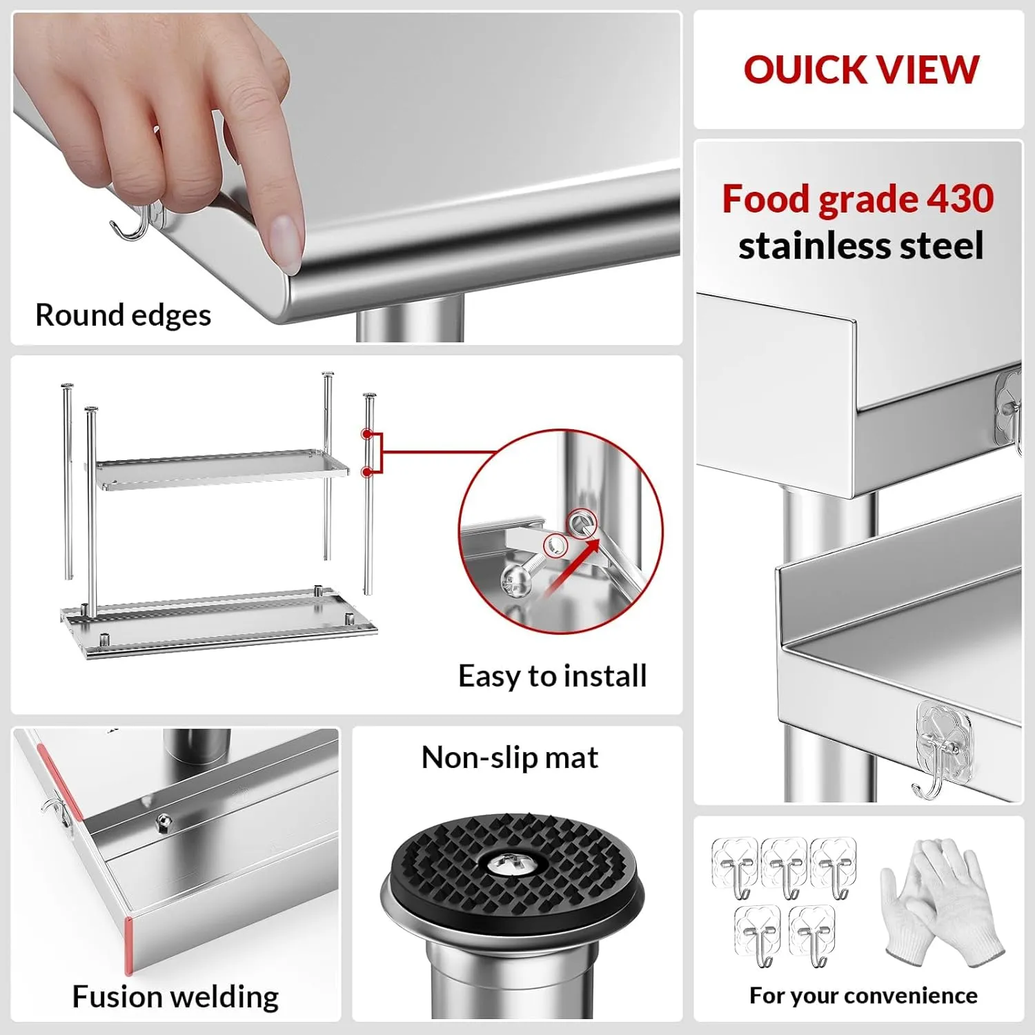 All-Stainless Steel Prep Table, 24 X 48 Inches, with Rounded-Corner Backsplash and Adjustable Undershelf, Heavy-Duty for Outdoor Use,Restaurants,Hotels,Workshops,Kitchens,Gardens, and Garages