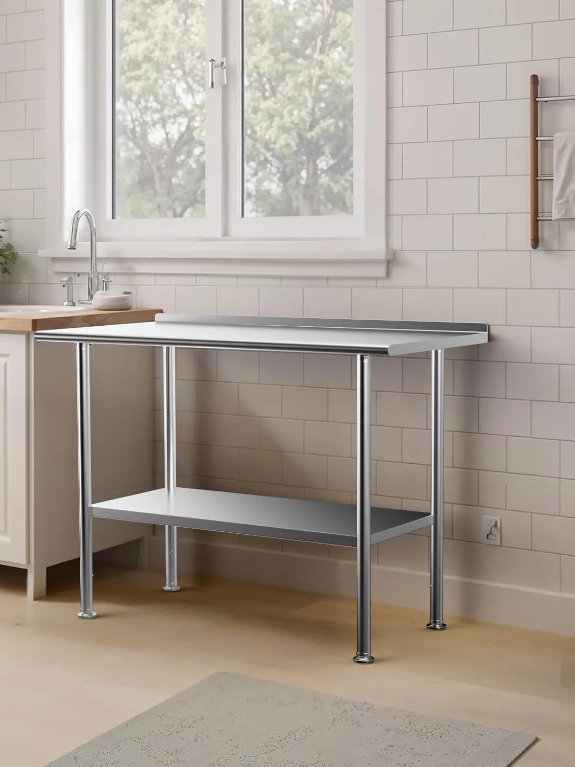 All-Stainless Steel Prep Table, 24 X 48 Inches, with Rounded-Corner Backsplash and Adjustable Undershelf, Heavy-Duty for Outdoor Use,Restaurants,Hotels,Workshops,Kitchens,Gardens, and Garages