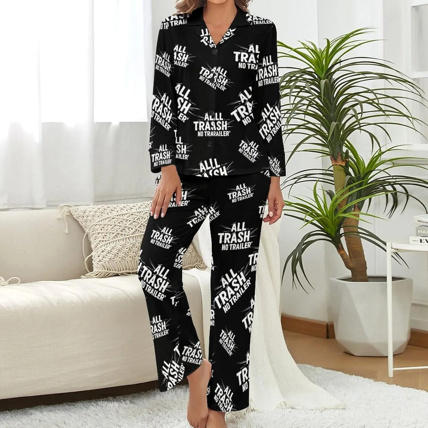 All Trash No Trailer Women's Pajama Set Sleepwear Loungewear Long Sleeve Button Down Top And Pant