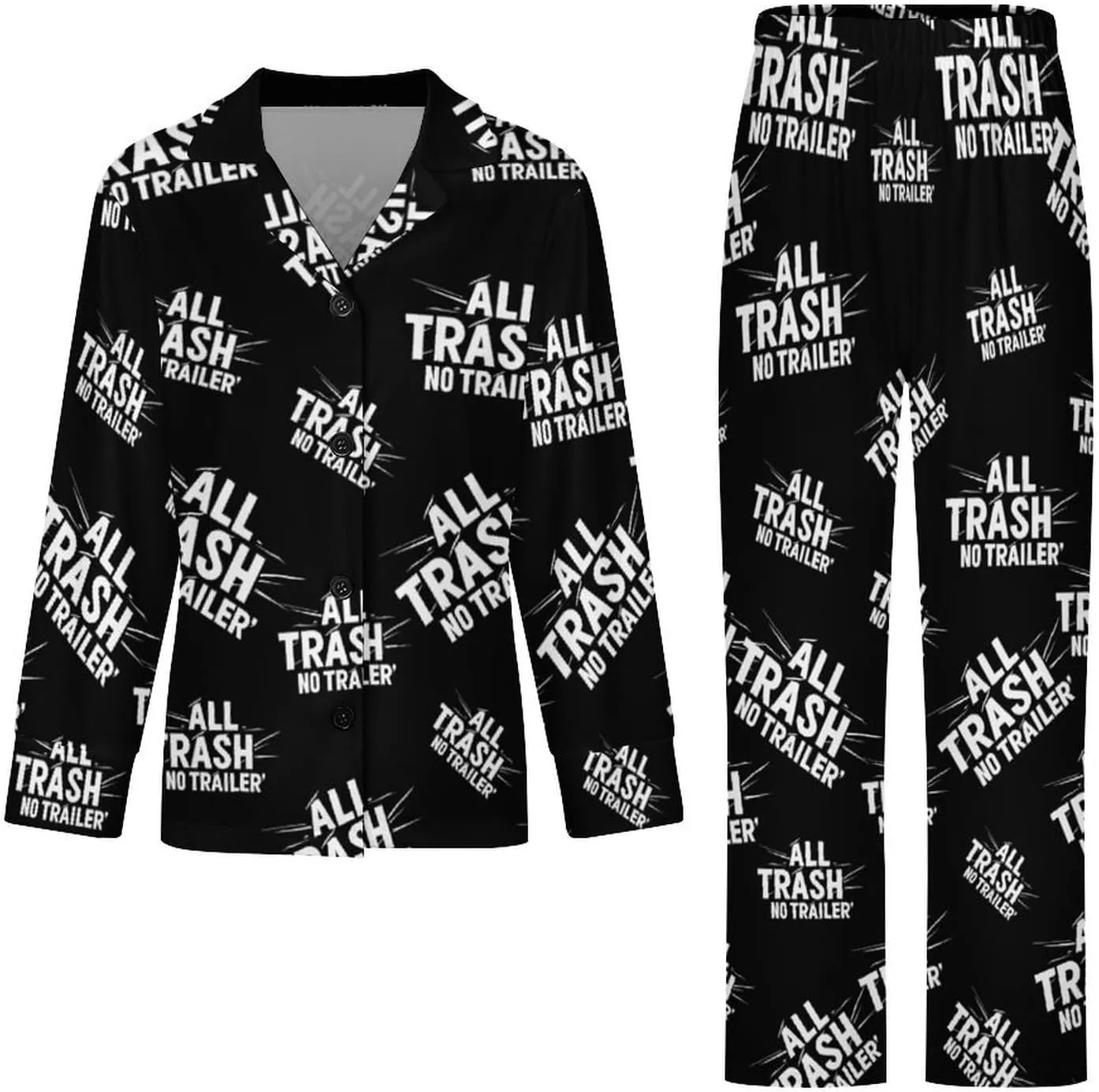 All Trash No Trailer Women's Pajama Set Sleepwear Loungewear Long Sleeve Button Down Top And Pant