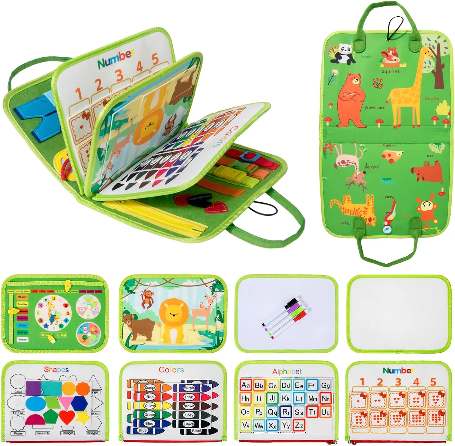 Animal Busy Board for Toddlers, Montessori Toys for 3  Year Old,Sensory Busy Book Learning Activities with Alphabet,Counting Number 1-10,Shape Sorter,Basic Dress Skills,Travel Toys for Boy Girl