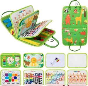 Animal Busy Board for Toddlers, Montessori Toys for 3  Year Old,Sensory Busy Book Learning Activities with Alphabet,Counting Number 1-10,Shape Sorter,Basic Dress Skills,Travel Toys for Boy Girl