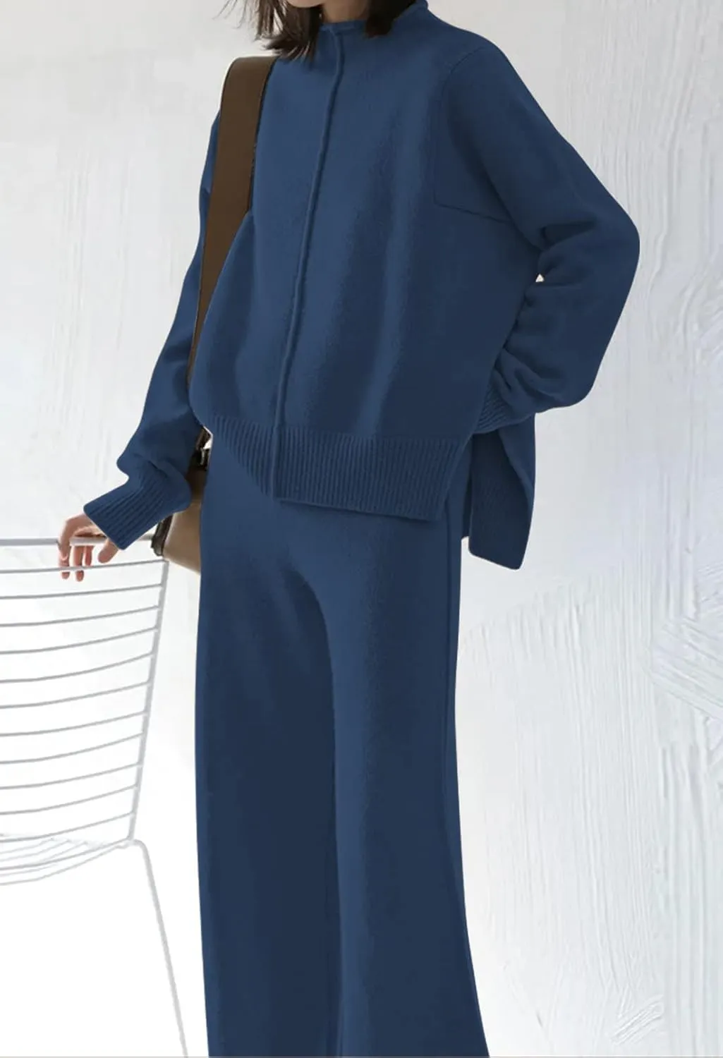 AOHITE Womens 2 Piece Outfit Set Long Sleeve Knit Pullover Sweater Top and Wide Leg Pants Sweatsuit