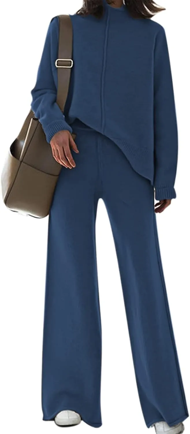 AOHITE Womens 2 Piece Outfit Set Long Sleeve Knit Pullover Sweater Top and Wide Leg Pants Sweatsuit