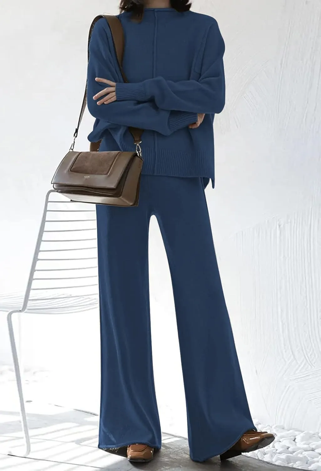 AOHITE Womens 2 Piece Outfit Set Long Sleeve Knit Pullover Sweater Top and Wide Leg Pants Sweatsuit