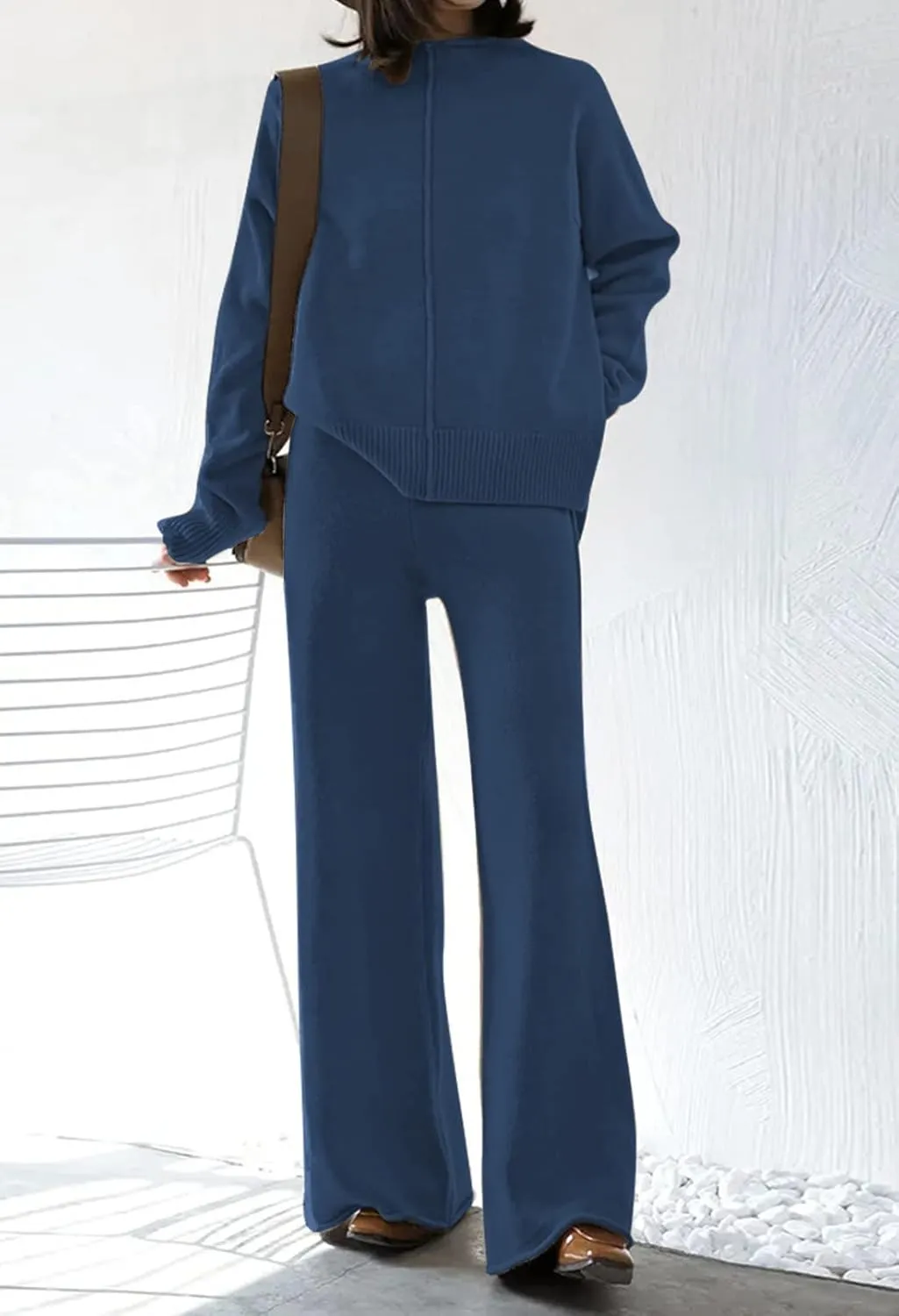 AOHITE Womens 2 Piece Outfit Set Long Sleeve Knit Pullover Sweater Top and Wide Leg Pants Sweatsuit