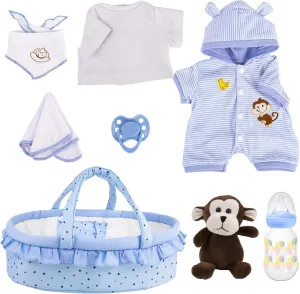 Aori 8 Pcs Reborn Baby Dolls Outfit Set with Bassinet Accessories for 16-18 Inch Baby Doll, Blue Carrier Bed and Baby Doll Clothes fit Newborn Baby Dolls