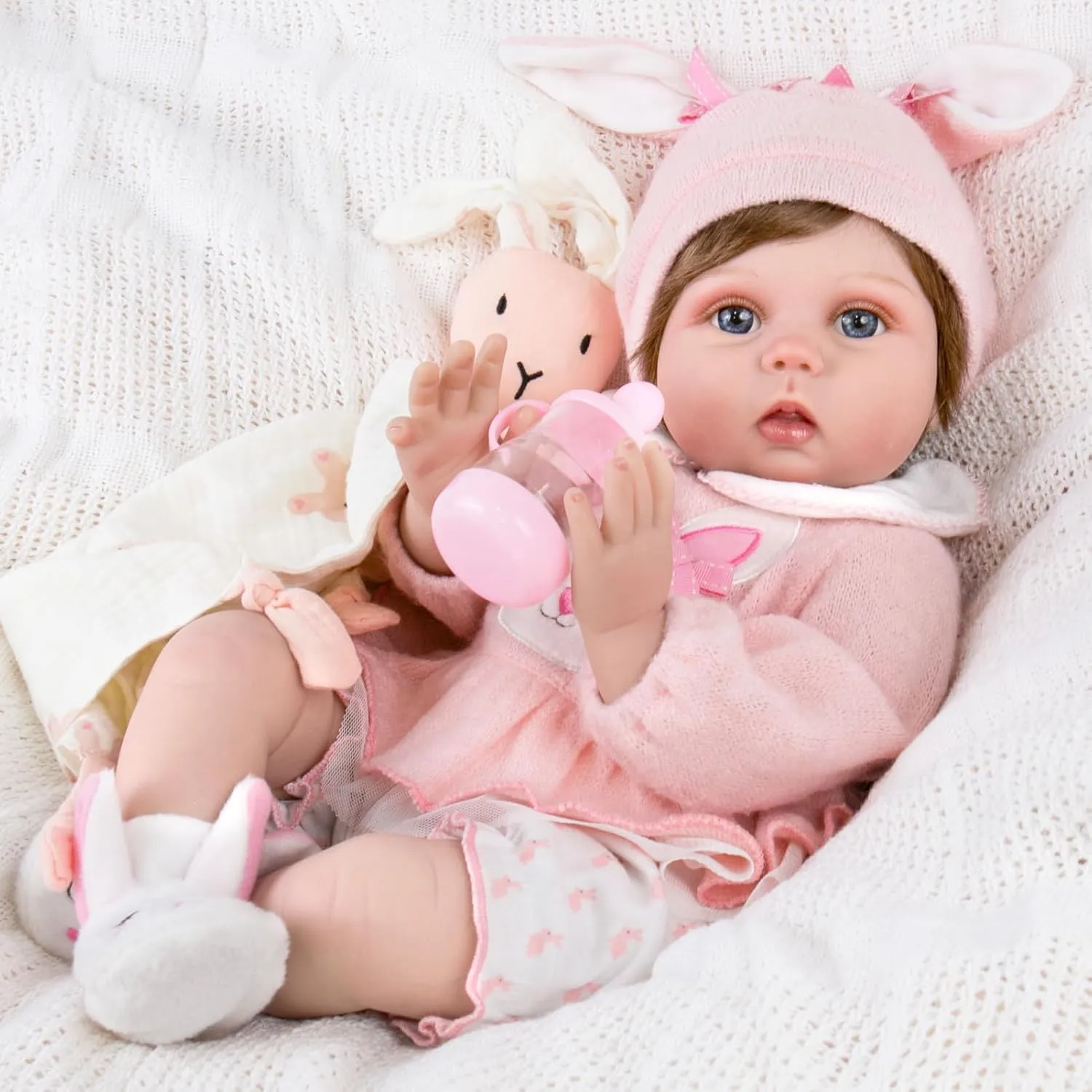 Aori Lifelike Reborn Baby Dolls - 22 Inch Realistic Newborn Baby Girl - Soft Vinyl Reborn Toddler with Feeding Set & Bunny Outfit Real Life Baby Doll for Kids 3 , Toddlers & Collectors