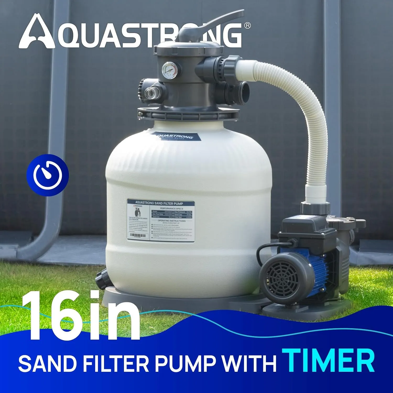 AQUASTRONG 16in Sand Filter Pump for Above Ground Pool with Timer, 3/4 HP Pool Pumps Above Ground 3800 GPH for Pools up to 16000 GAL, Pool Filter with 6-Way Valve, Improved Circulation and Filtration