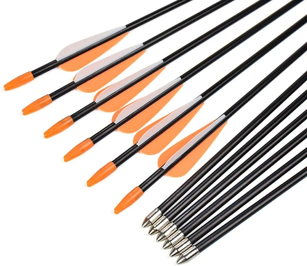 Archery Practice Fiberglass Arrows 24/26/28/30 Inch Target Shooting Safetyglass Recurve Bows Suitable for Youth Children Woman Beginner 6-12PCS