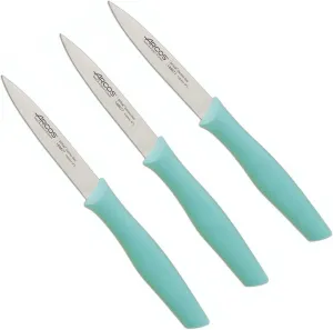 ARCOS Paring Knife Set of 3 Pieces 4 Inch Stainless Steel. Colorful Kitchen Knives for Peeling Fruits and Vegetables. Ergonomic Polypropylene Handle. Series Nova. Coral Color