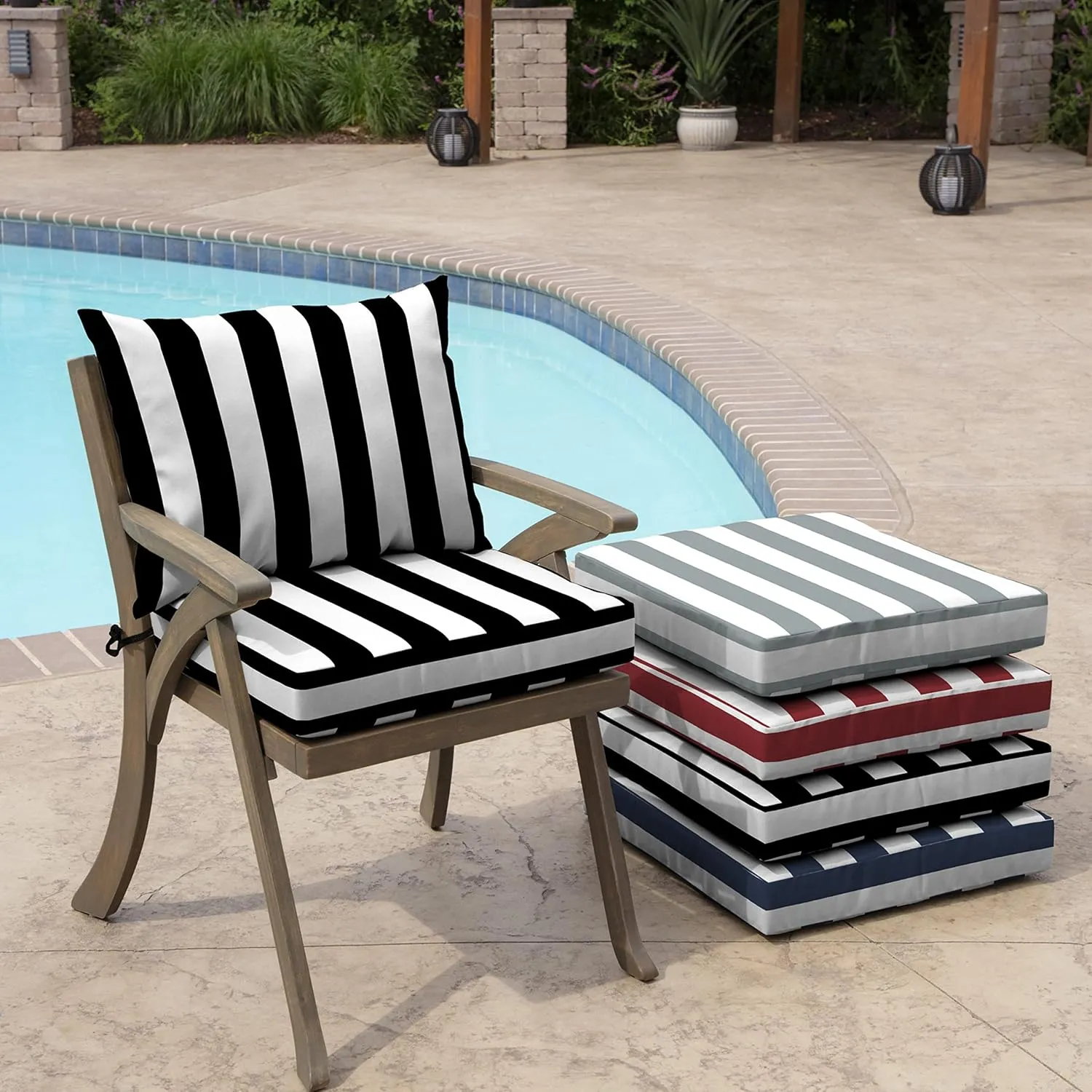 Arden Outdoor Dining Chair Cushion, 21 x 21, Rain-Proof, Fade Resistant 21 x 21, Black Cabana Stripe