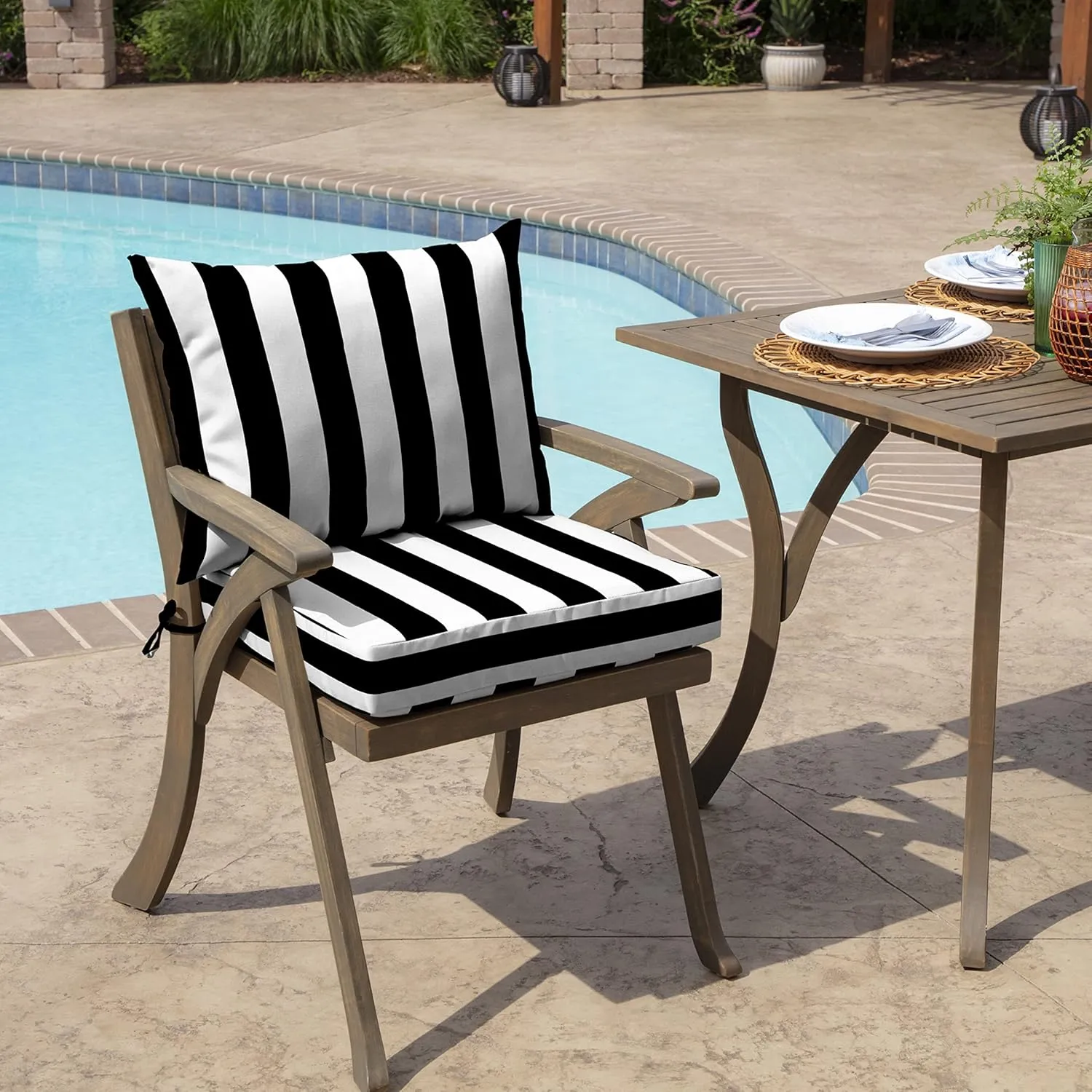 Arden Outdoor Dining Chair Cushion, 21 x 21, Rain-Proof, Fade Resistant 21 x 21, Black Cabana Stripe