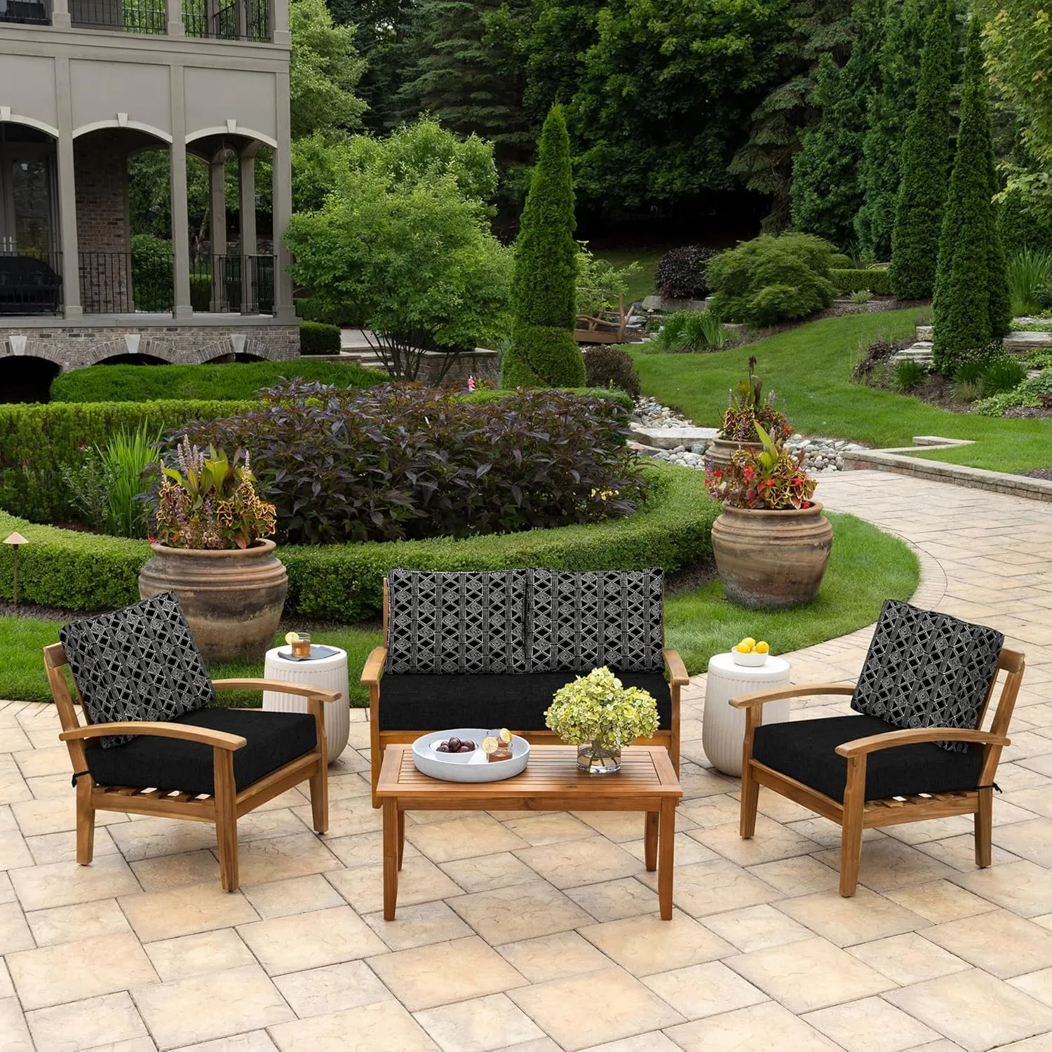 Arden Outdoor Loveseat Cushion Set, 48 x 24, Water Repellent, Fade Resistant, Cushion Set for Couch, Bench, and Swing 48 x 24, Black Global Stripe