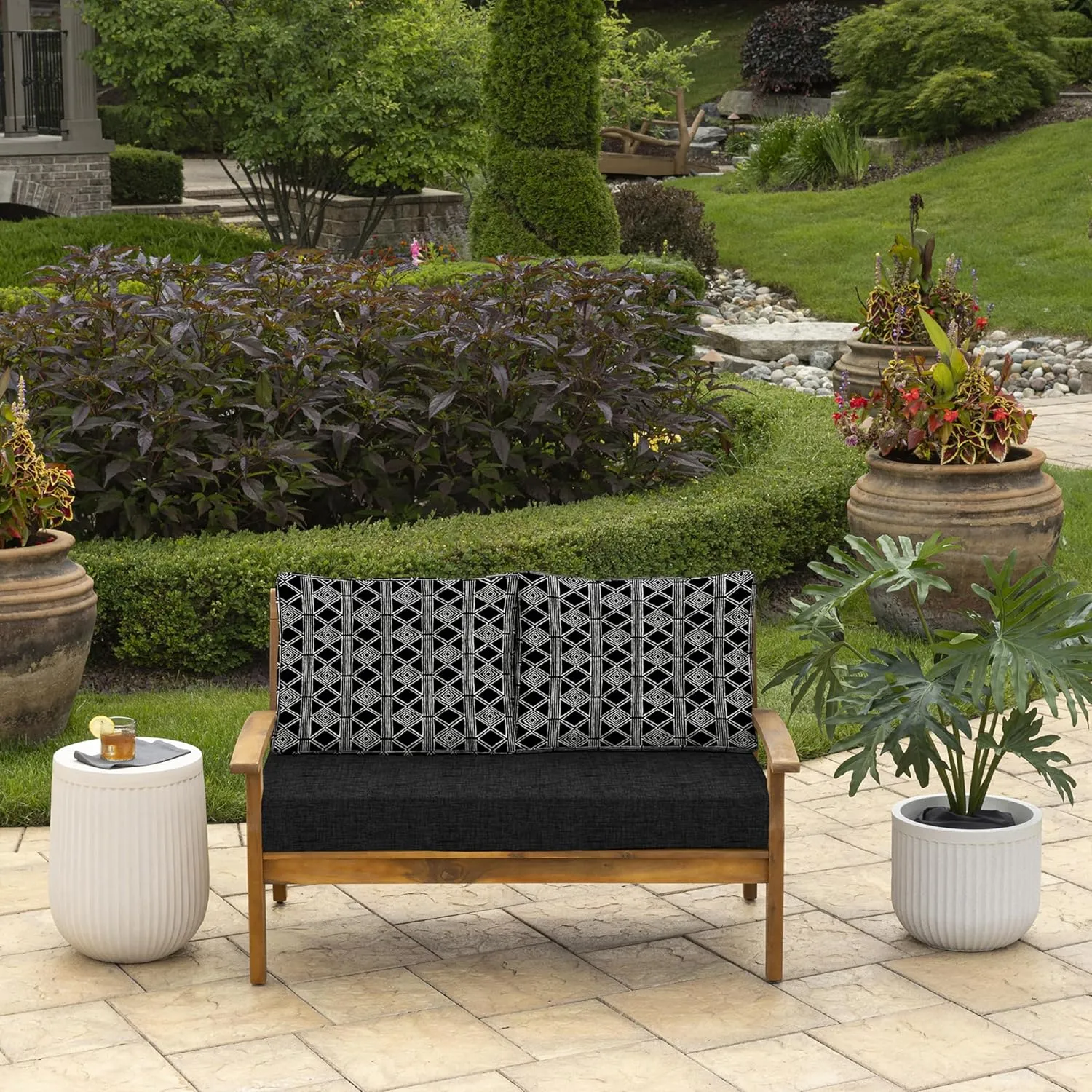 Arden Outdoor Loveseat Cushion Set, 48 x 24, Water Repellent, Fade Resistant, Cushion Set for Couch, Bench, and Swing 48 x 24, Black Global Stripe
