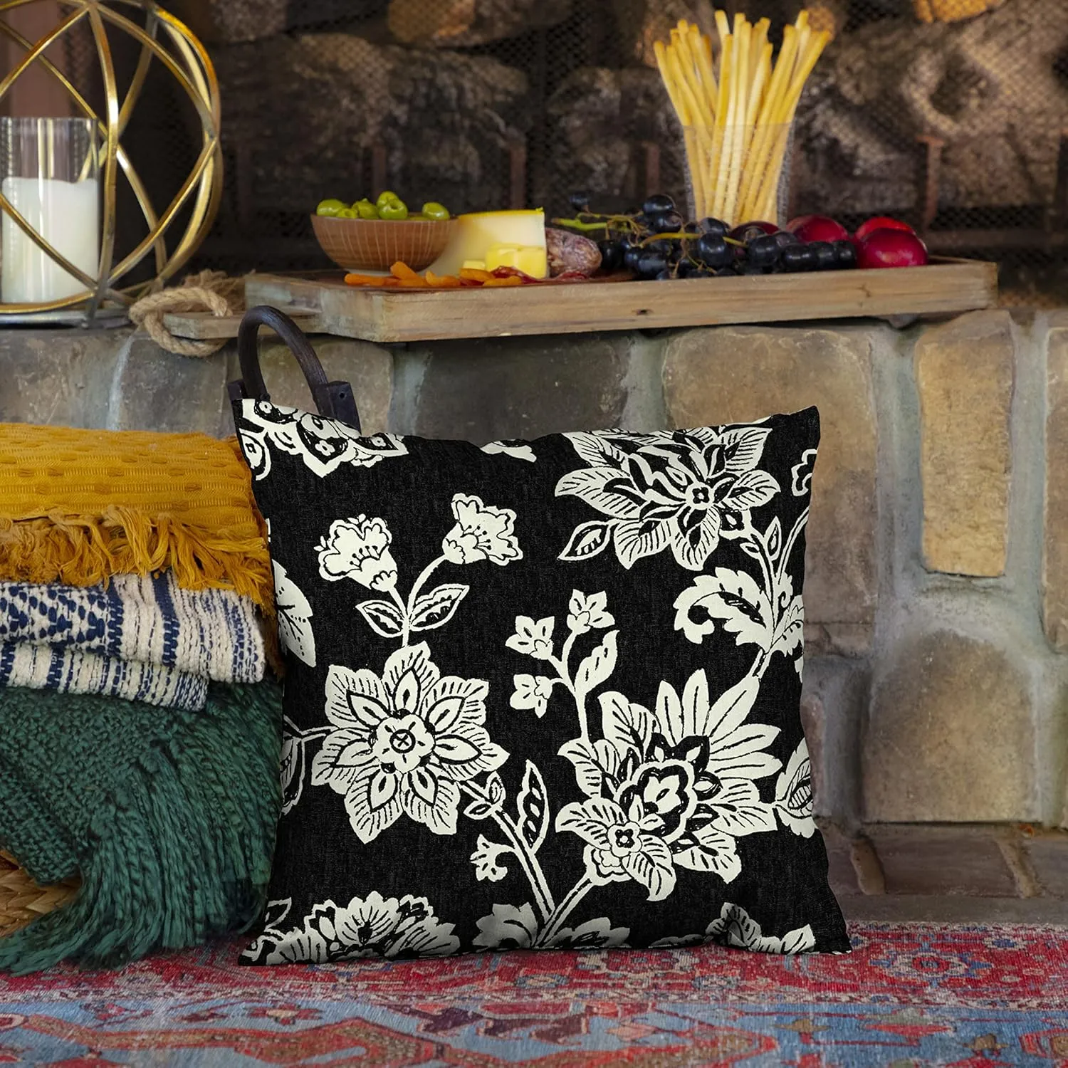 Arden Outdoor Toss Pillow, Set of 2, 16 x 16, Rain-Proof, Fade Resistant 16 x 16, Ashland Black Jacobean