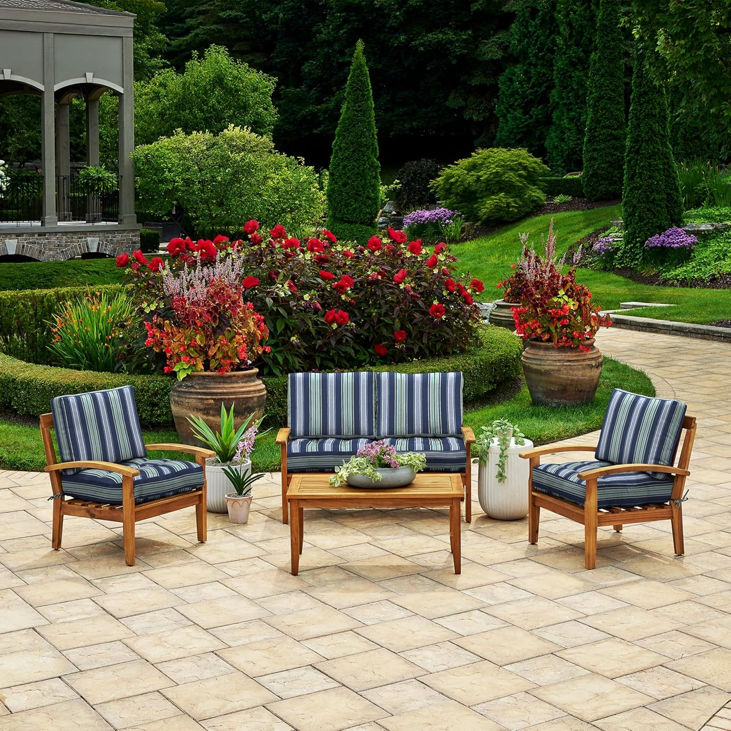 Arden Outdoor Plush Modern Tufted Blowfill Deep Seat Set, 24 x 24, Rain-Proof, Fade Resistant, Deep Seat Bottom and Back Cushion 24 x 24, Sapphire Aurora Blue Stripe