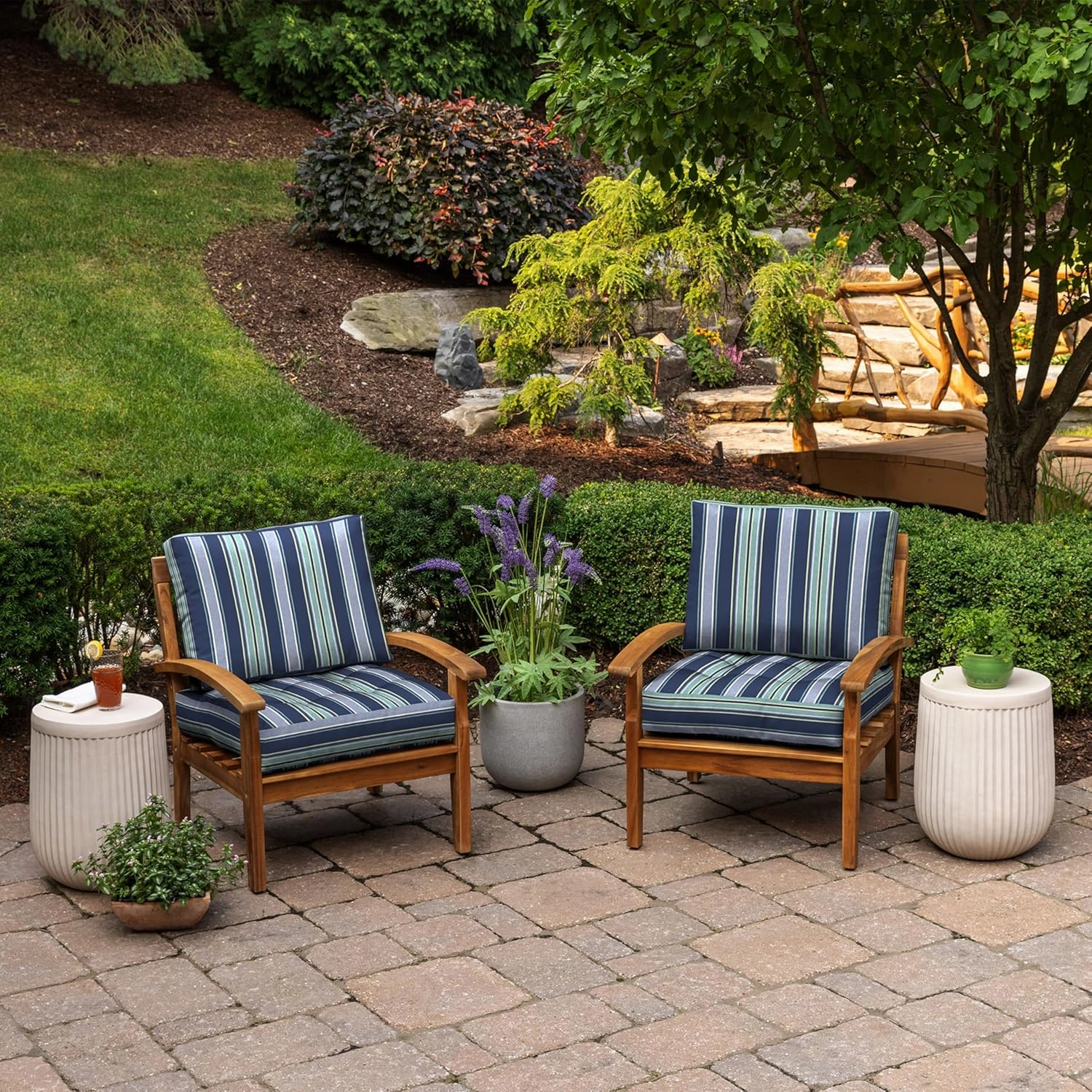 Arden Outdoor Plush Modern Tufted Blowfill Deep Seat Set, 24 x 24, Rain-Proof, Fade Resistant, Deep Seat Bottom and Back Cushion 24 x 24, Sapphire Aurora Blue Stripe