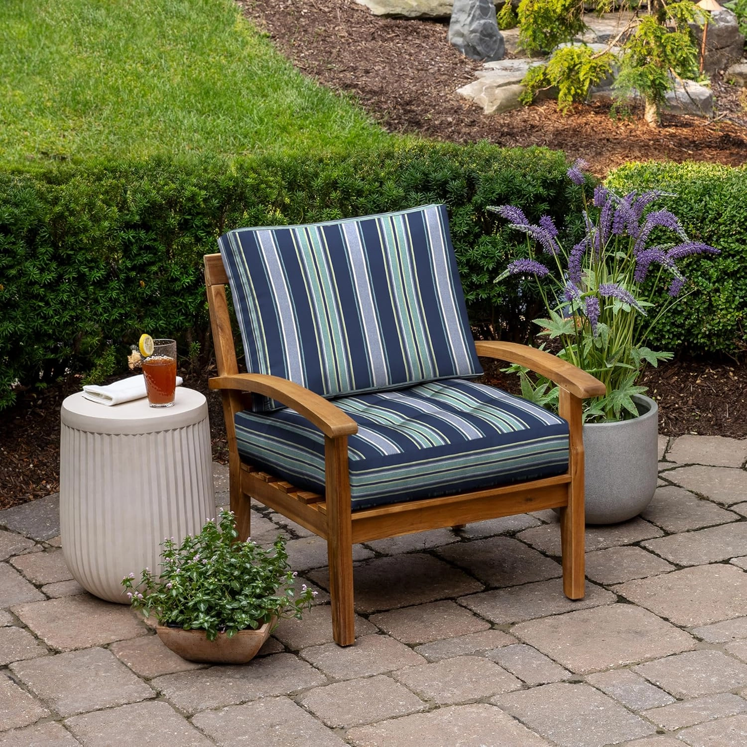 Arden Outdoor Plush Modern Tufted Blowfill Deep Seat Set, 24 x 24, Rain-Proof, Fade Resistant, Deep Seat Bottom and Back Cushion 24 x 24, Sapphire Aurora Blue Stripe