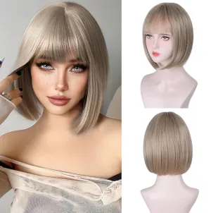 Ash Blonde Bob Wigs for White Women - 12'' Short Bob Wigs With Bangs Natural Fashion Synthetic Wig Colorful Synthetic Hair for Daily Cosplay Halloween