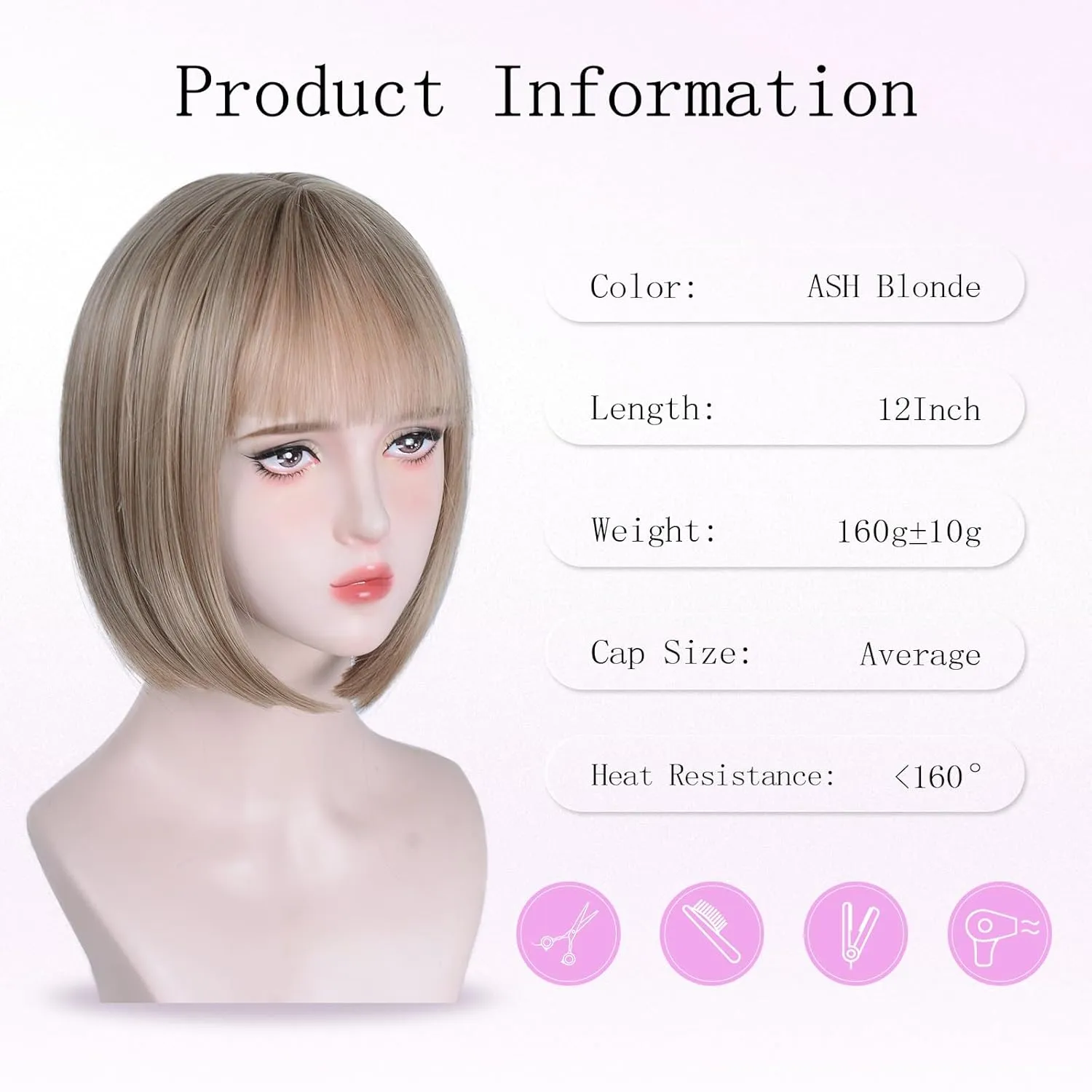 Ash Blonde Bob Wigs for White Women - 12'' Short Bob Wigs With Bangs Natural Fashion Synthetic Wig Colorful Synthetic Hair for Daily Cosplay Halloween