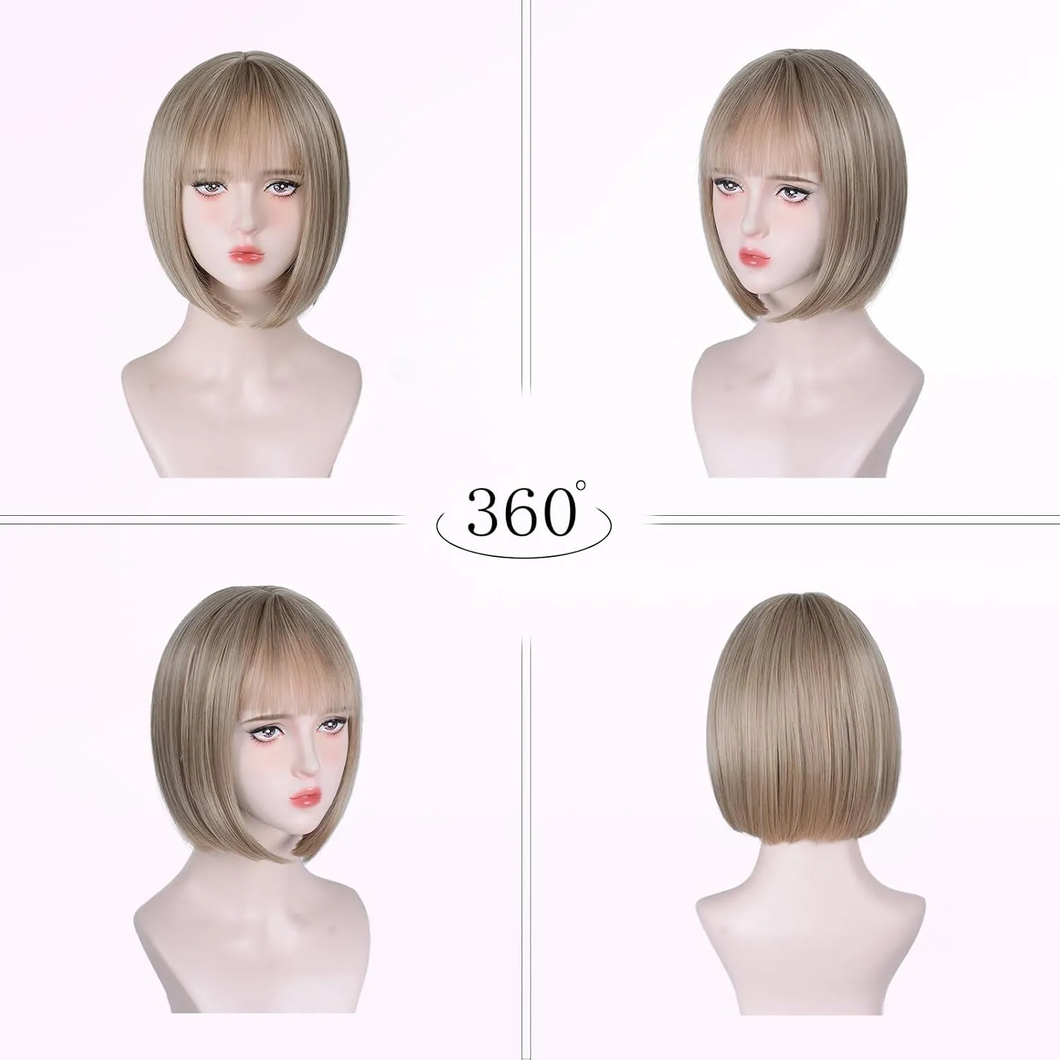 Ash Blonde Bob Wigs for White Women - 12'' Short Bob Wigs With Bangs Natural Fashion Synthetic Wig Colorful Synthetic Hair for Daily Cosplay Halloween