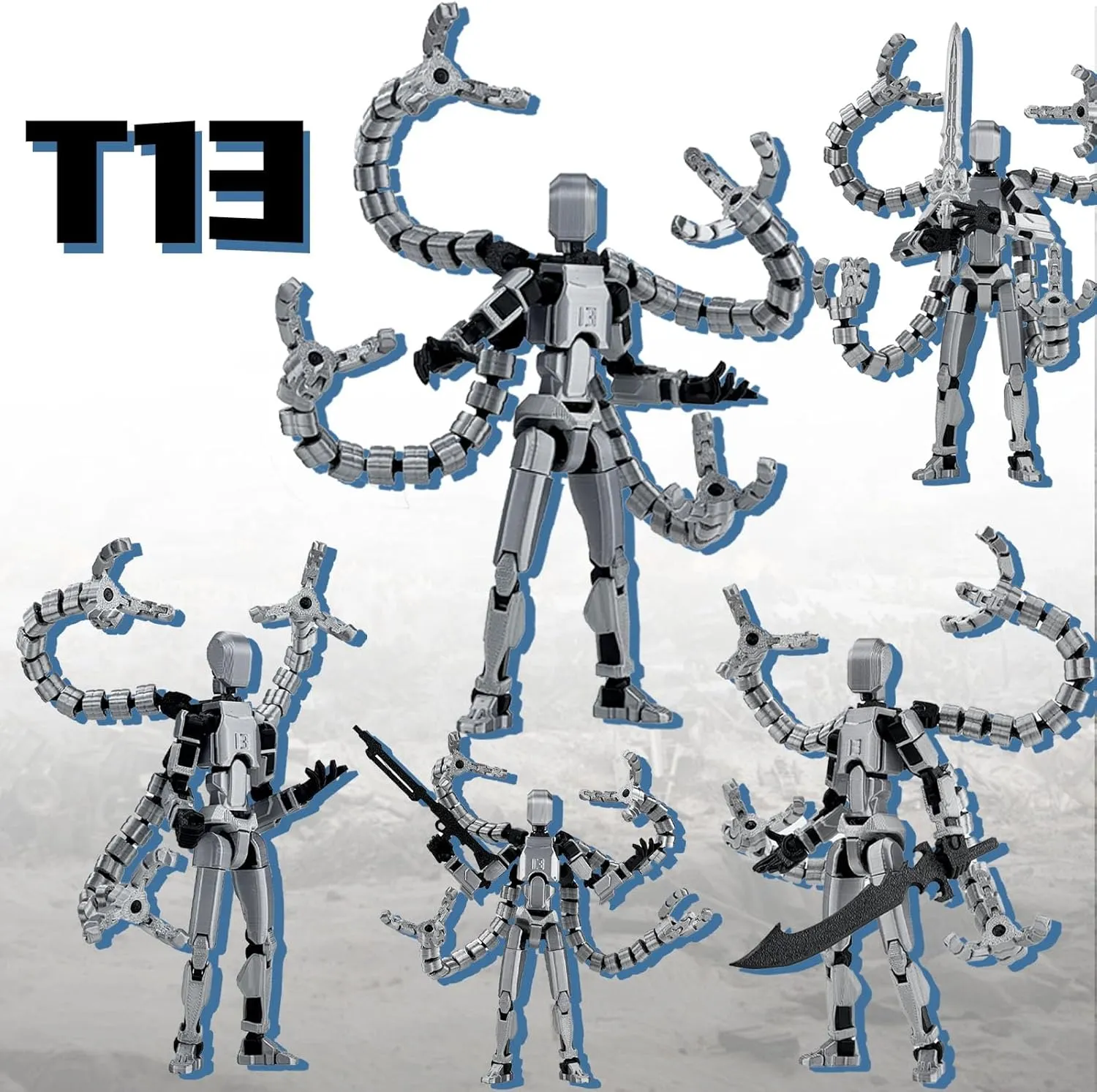 Assembly Completed T13 Action Figure 3D Printed Multi-Jointed Movable T 13 Lucky 13 Dummy 13 Nova 13 Robot 13 Action Figure Desktop Decorations for Game Lovers (Grey, 7.2 Inch)